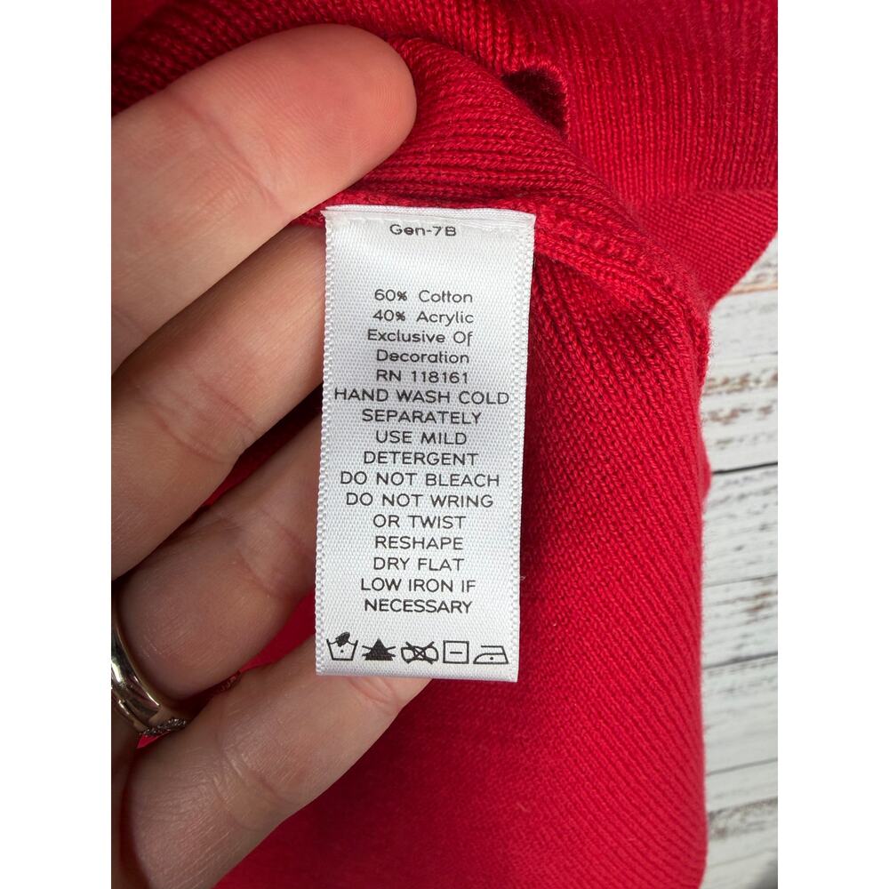 Quacker Factory Red Embellished Top Large Ribbed Knit Stretch Vneck Holiday - Picture 5 of 8